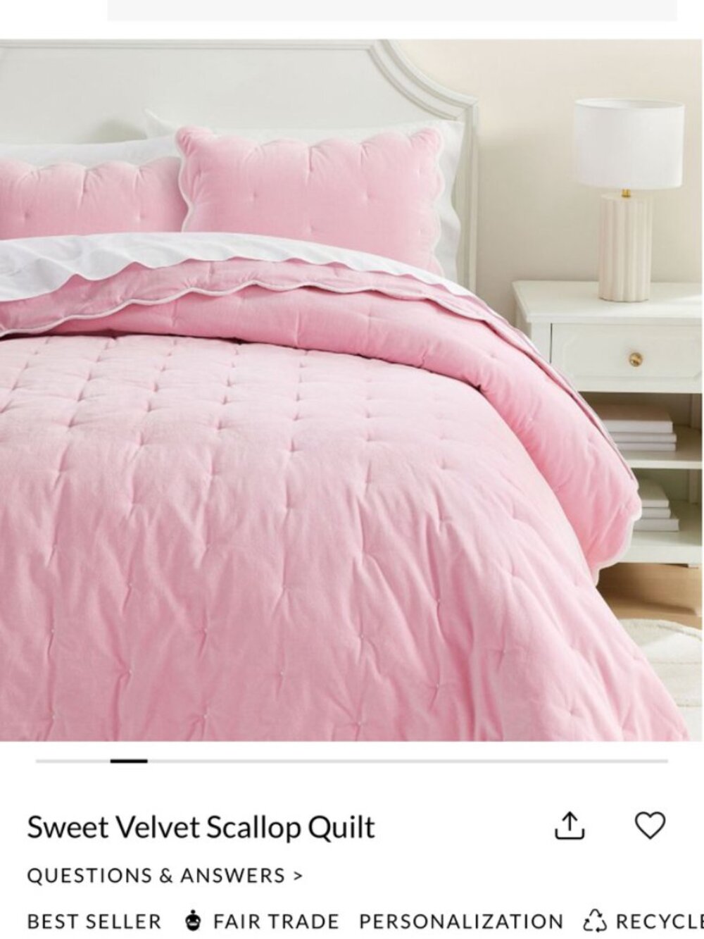 POTTERY BARN TEEN~EUC~TWIN Sweet Velvet Scalloped Quilt/Pillow Sham~Bright Pink